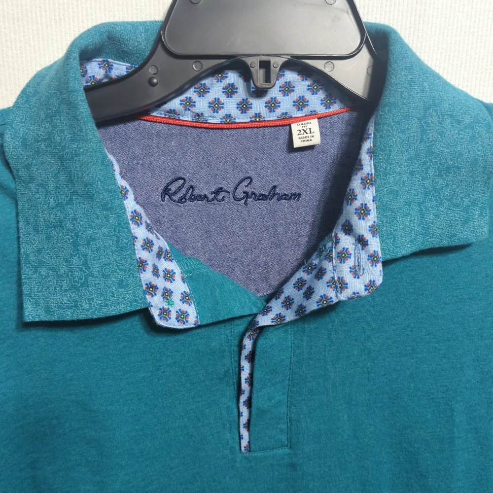Robert Graham Mens Teal Blue Short Sleeve Polo Shirt Classic Fit Size 2XL 597